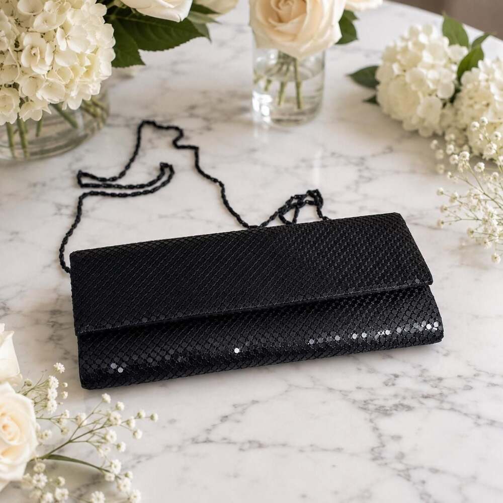 Black Metal Mesh Evening Clutch with Removable Chain Strap